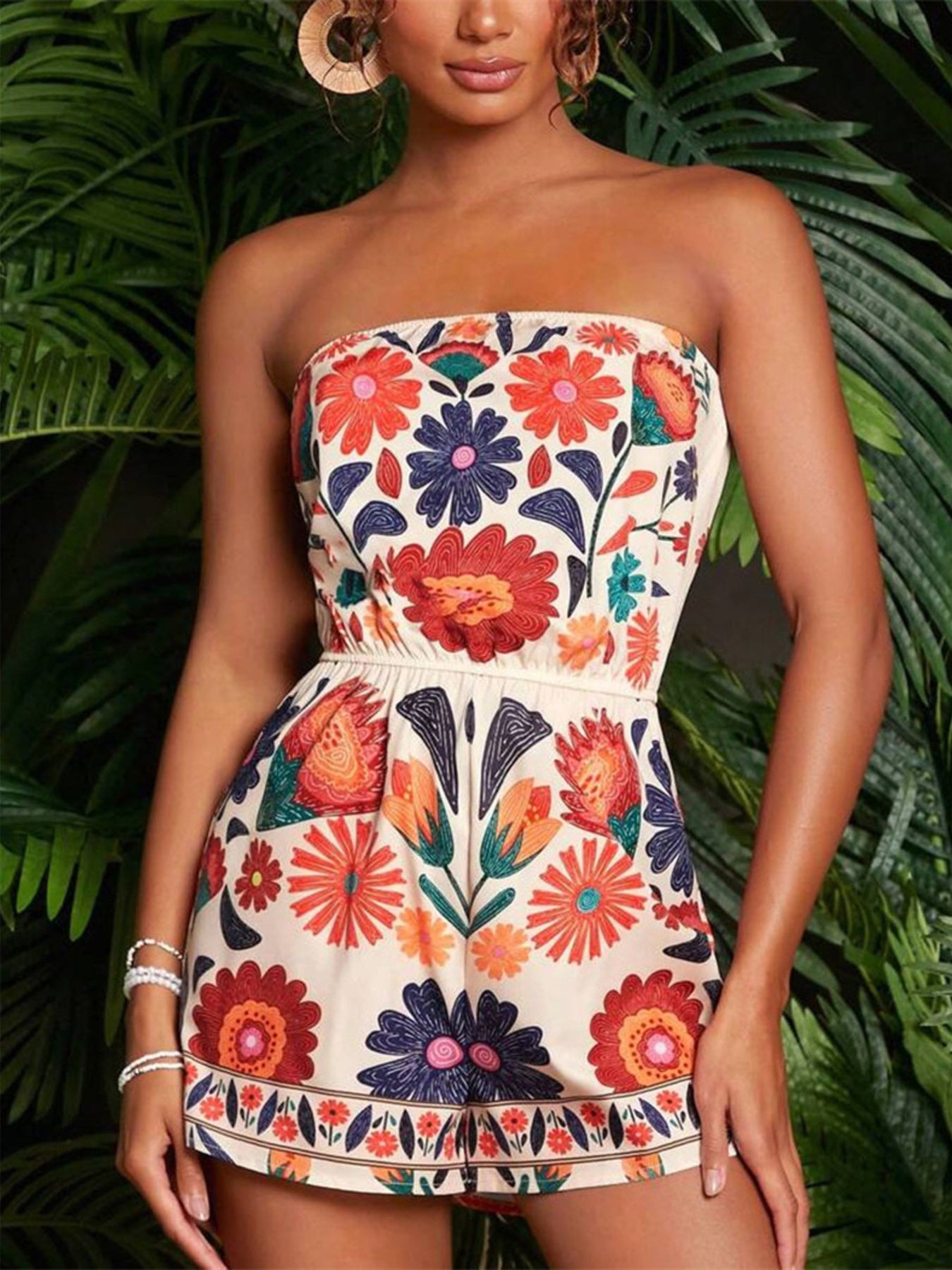 Combishort bustier à imprimé floral et taille élastique