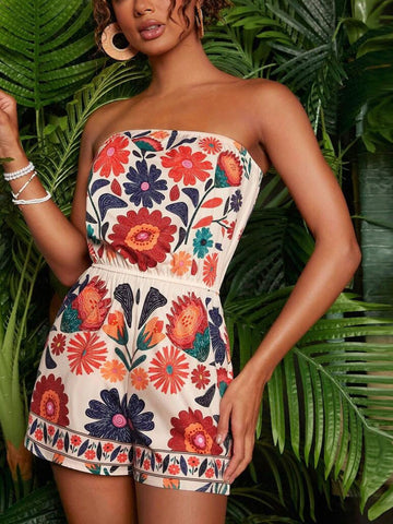 Floral Print Strapless Elastic Waist Romper Deep Red / S