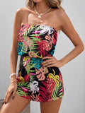 Floral Print Strapless Elastic Waist Romper Multicolor / S