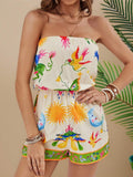 Floral Print Strapless Elastic Waist Romper Pastel Yellow / S