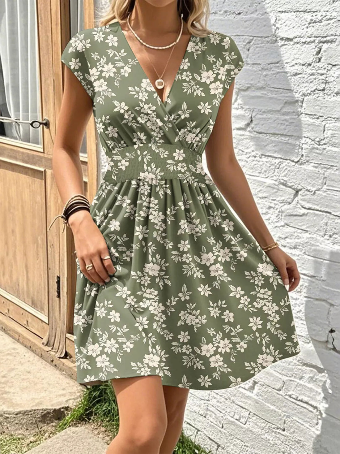 Floral Print Surplice Mini Dress Moss / S
