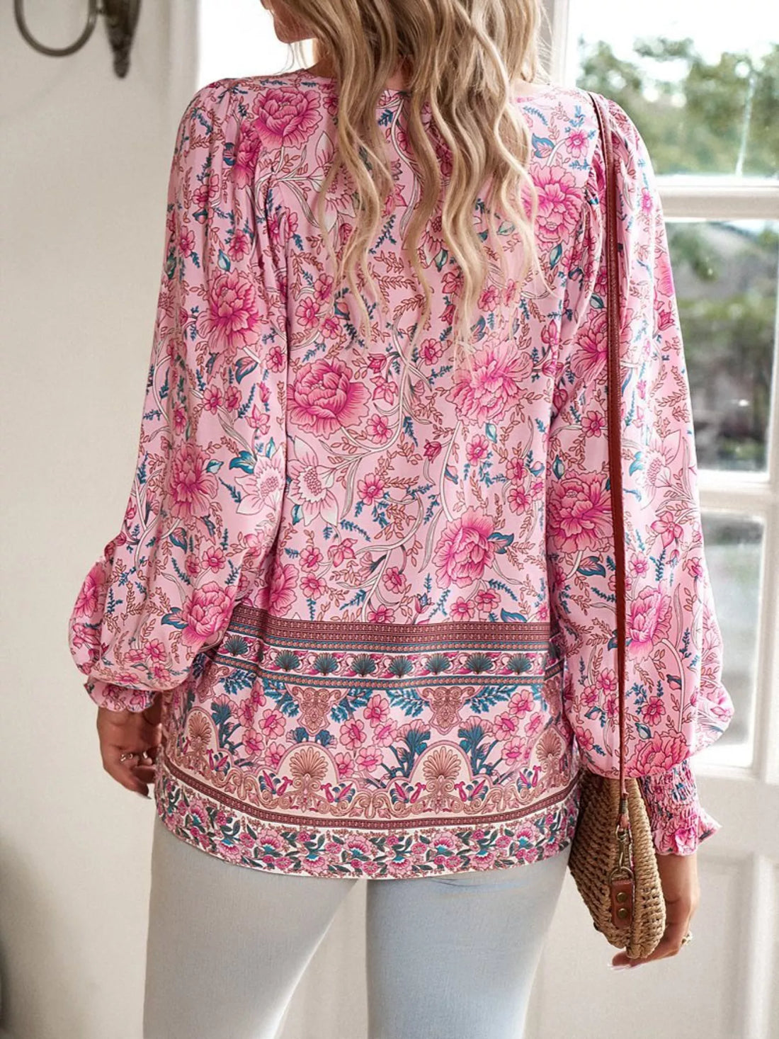 Floral Print Tie Neck Bohemian Blouse Dusty Pink / S