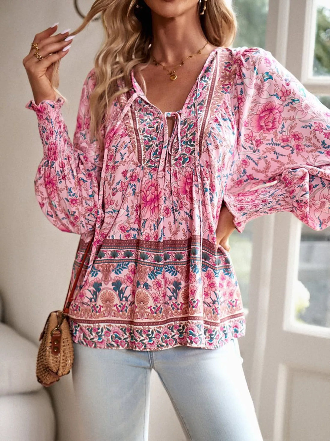 Floral Print Tie Neck Bohemian Blouse Dusty Pink / S