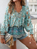 Floral Print Tie Neck Bohemian Blouse Air Force Blue / S