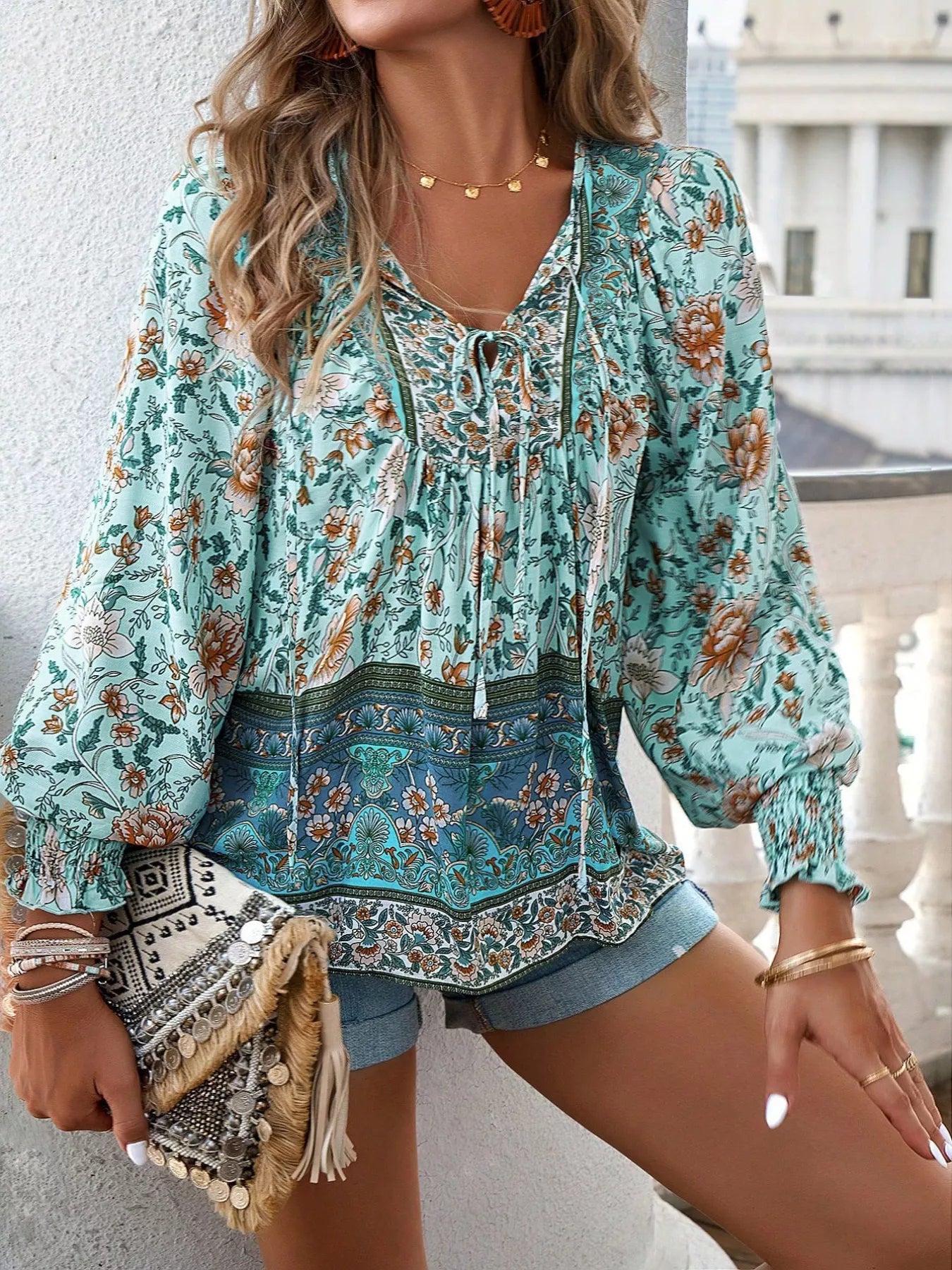 Floral Print Tie Neck Bohemian Blouse Air Force Blue / S