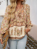 Floral Print Tie Neck Bohemian Blouse Beige / S