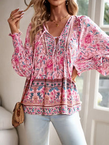 Blouse bohème à imprimé floral et col noué, style bohème