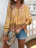 Floral Print Tie Neck Bohemian Blouse Mustard / S