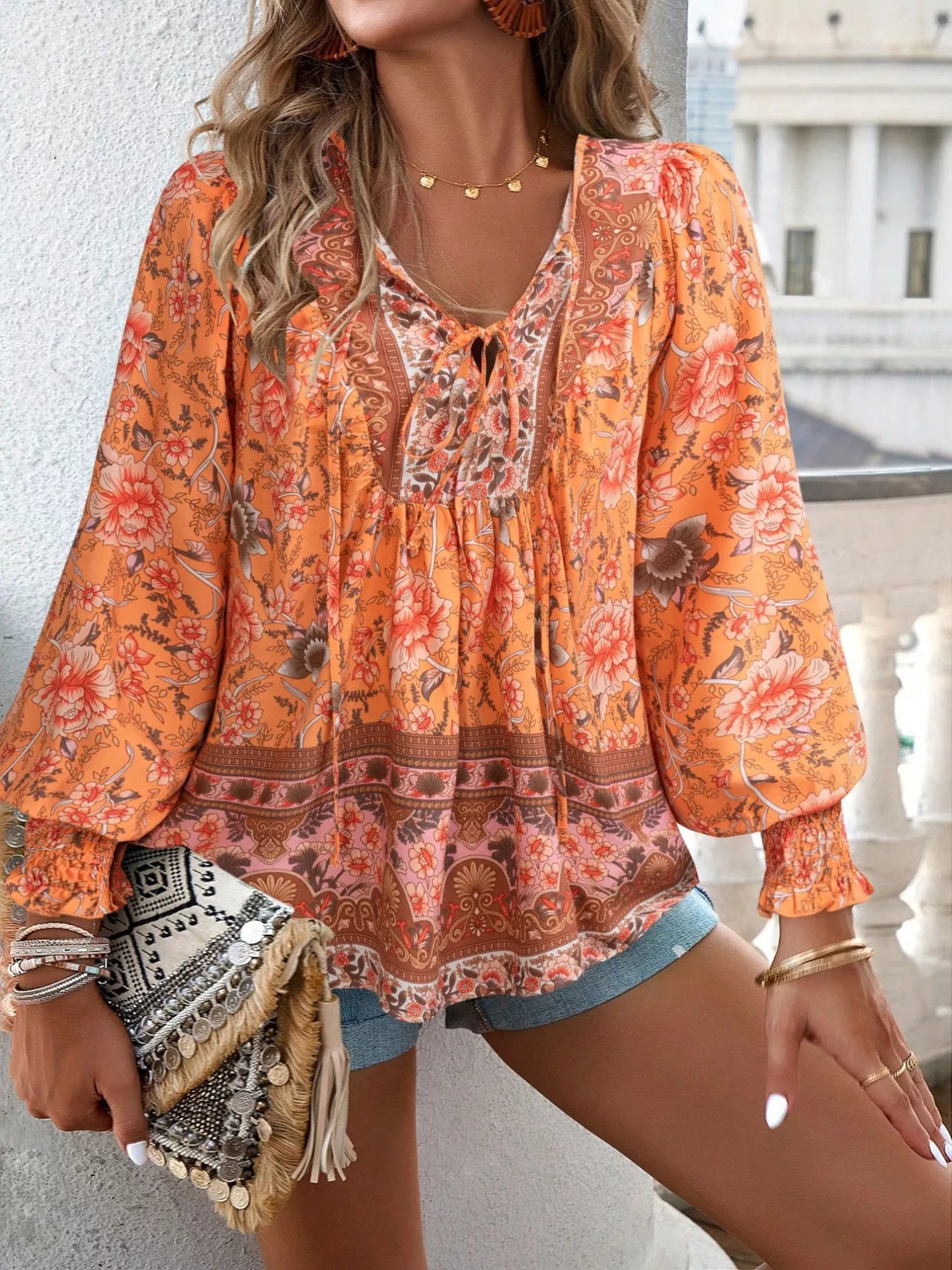 Floral Print Tie Neck Bohemian Blouse Sherbet / S