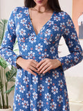 Floral Print V-Neck Long Sleeve Midi Dress