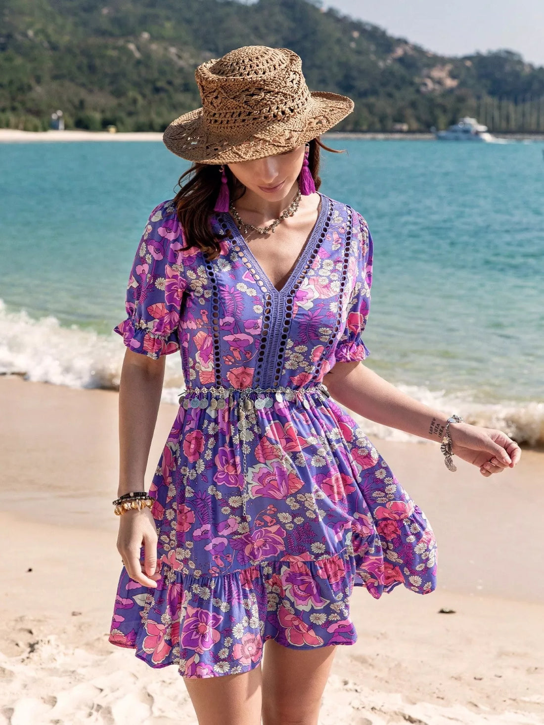 Floral Print V-Neck Mini Dress Vivid Violet / S