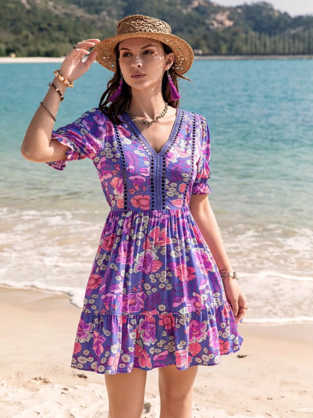 Floral Print V-Neck Mini Dress Vivid Violet / S