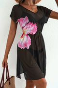 Floral Print V Neck Semi Sheer Beach Cover Up Dress