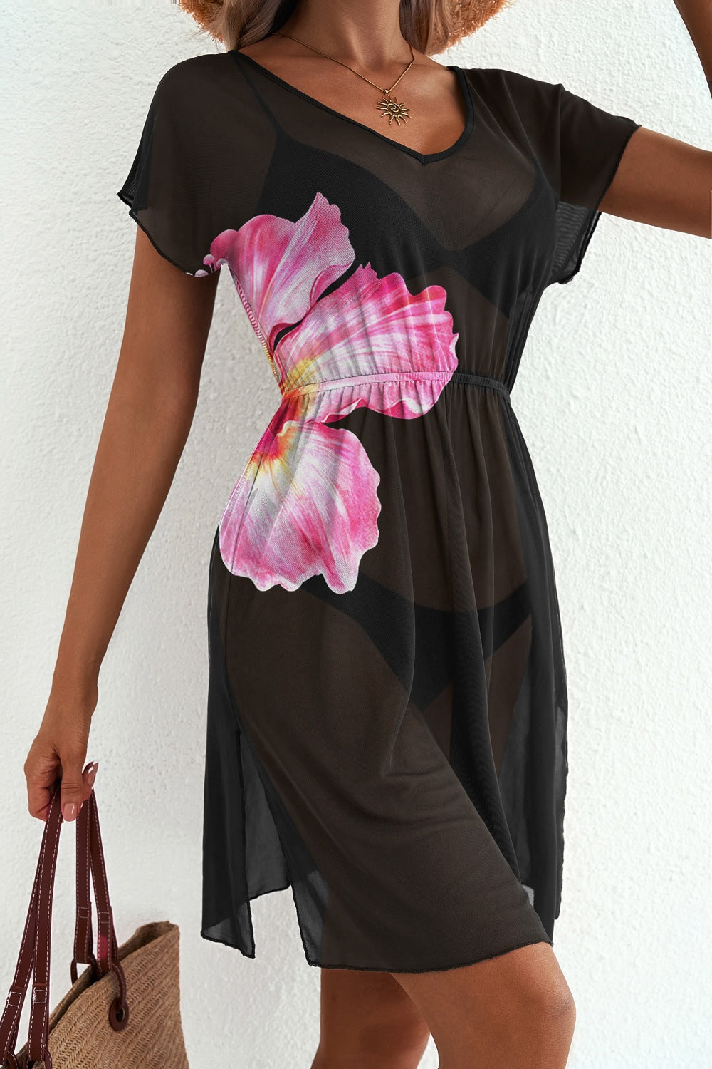 Floral Print V Neck Semi Sheer Beach Cover Up Dress