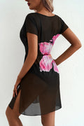 Floral Print V Neck Semi Sheer Beach Cover Up Dress