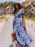 Floral Print V-Neck Slit Midi Dress