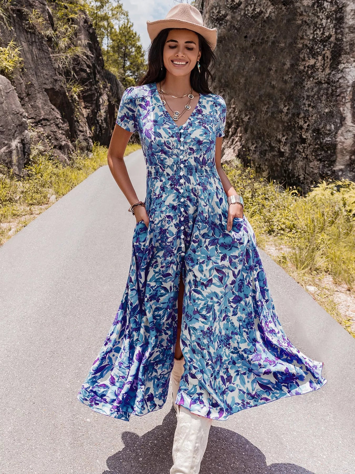 Floral Print V-Neck Slit Midi Dress
