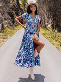 Floral Print V-Neck Slit Midi Dress