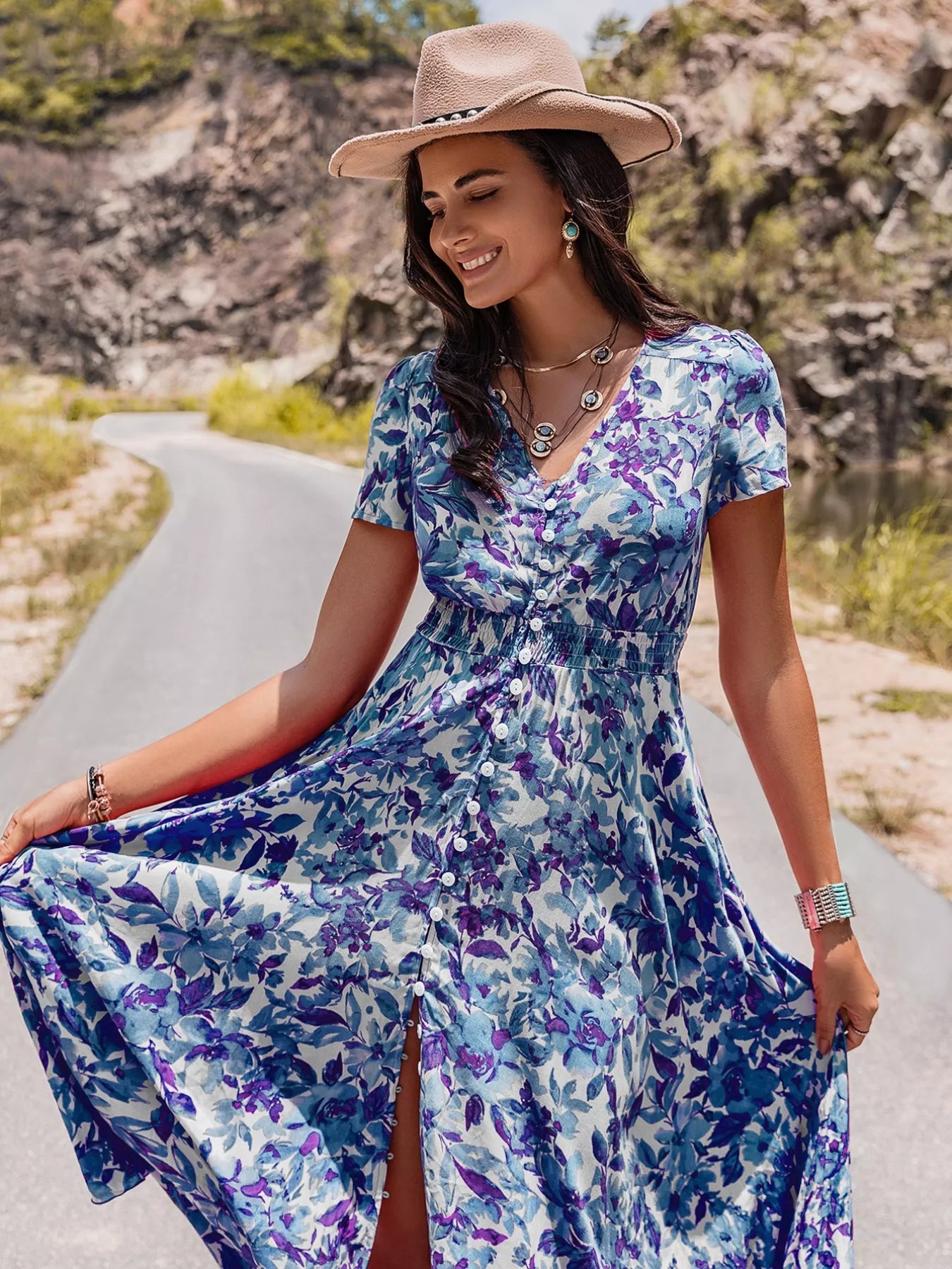Floral Print V-Neck Slit Midi Dress