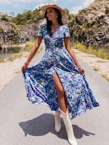 Floral Print V-Neck Slit Midi Dress Light Blue / S
