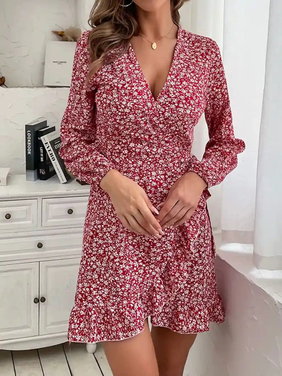 Wrap Mini Dress Wine Red / S