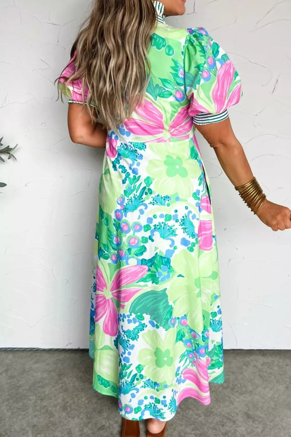 Floral Button-Up Puff-Sleeve Midi Dress - product view 5