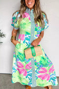 Floral Button-Up Puff-Sleeve Midi Dress - product view 3