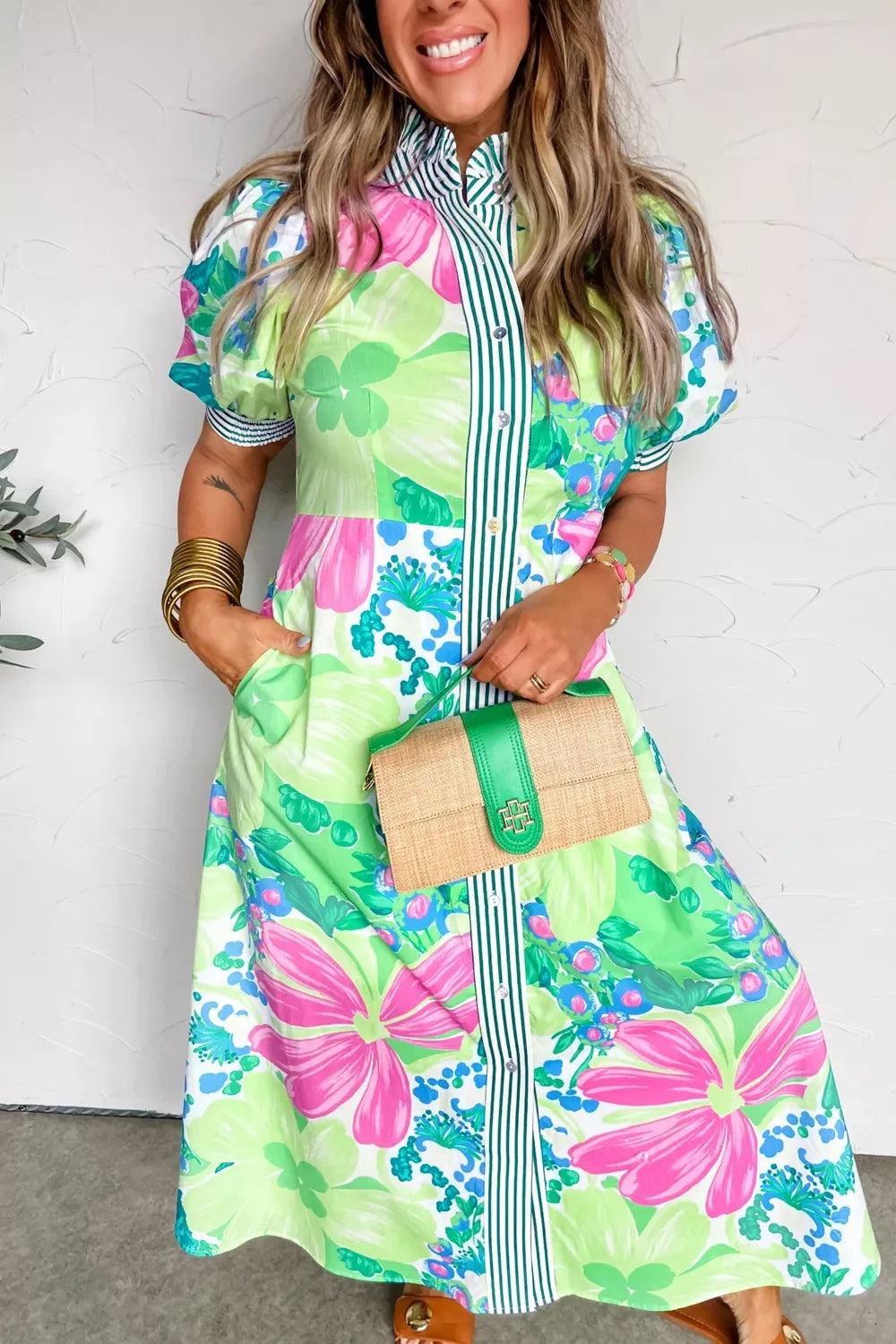 Floral Button-Up Puff-Sleeve Midi Dress - product view 3