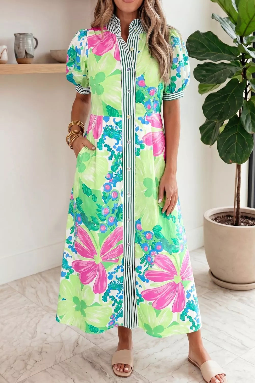 Floral Button-Up Puff-Sleeve Midi Dress - product view 1