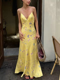 Floral Spaghetti Straps Maxi Dress Yellow / S