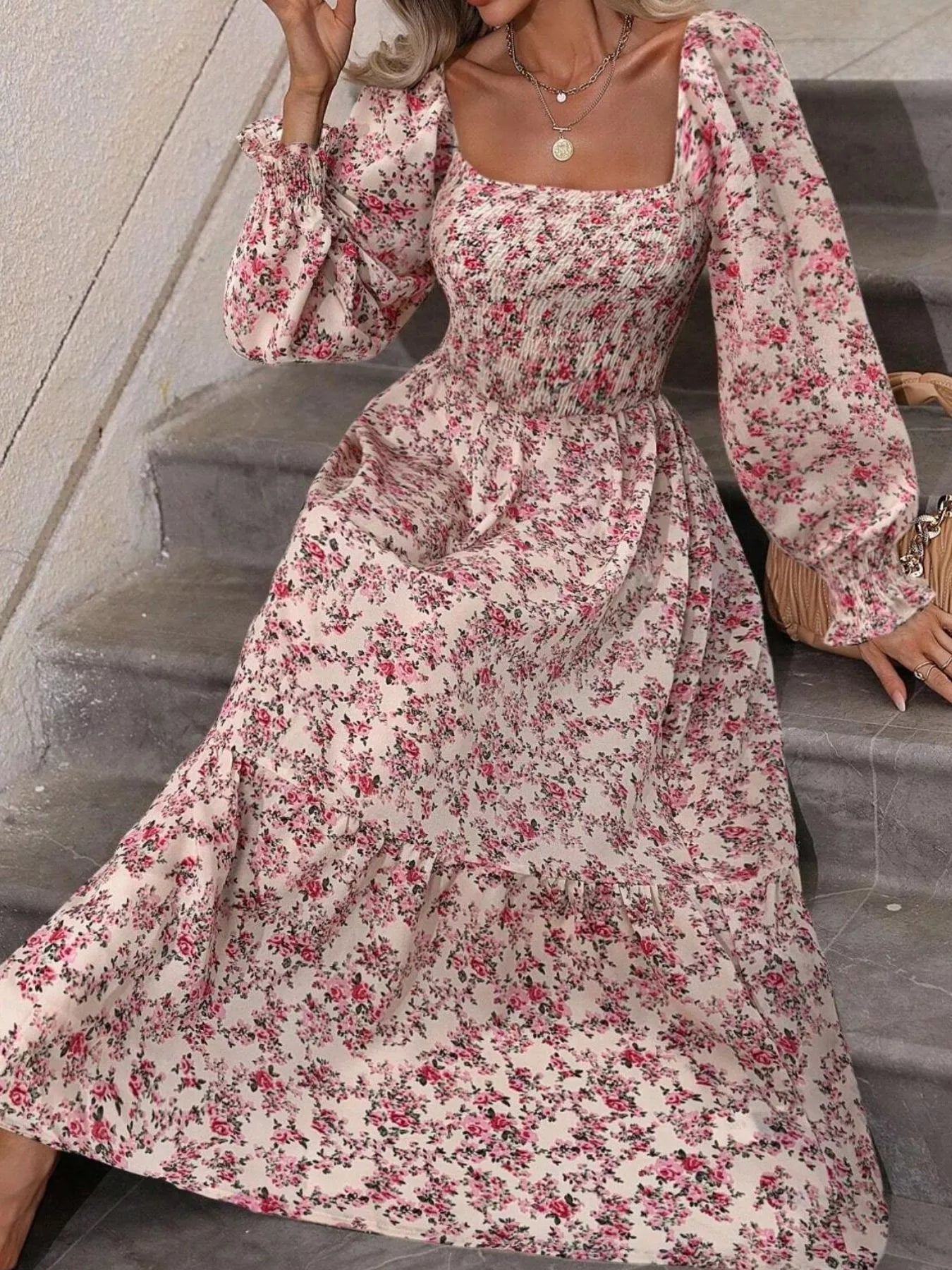 Floral Square-Neck Smocked Midi Dress - product view 4