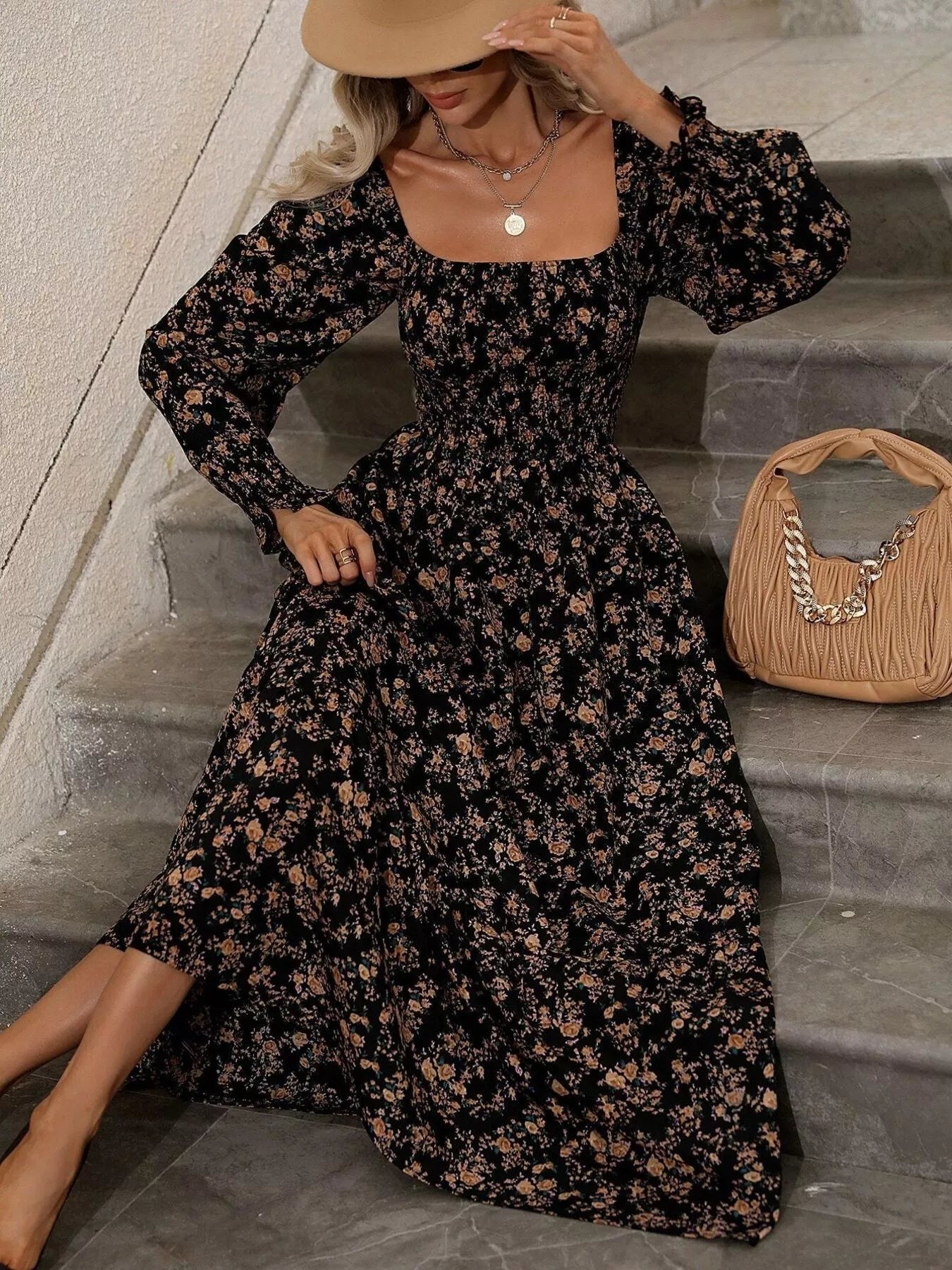 Floral Square-Neck Smocked Midi Dress - product view 7