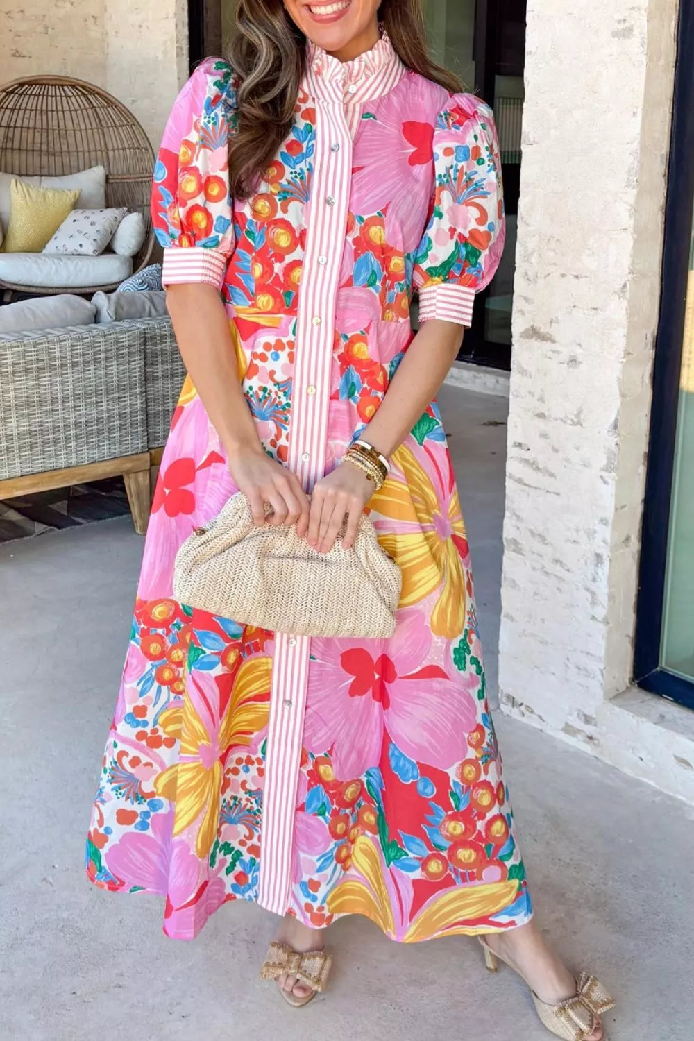 Floral Button-Down Striped-Trim Maxi Dress - product view 3