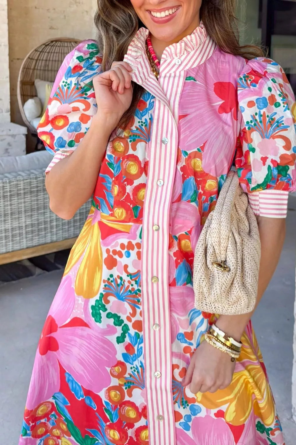 Floral Button-Down Striped-Trim Maxi Dress - product view 5