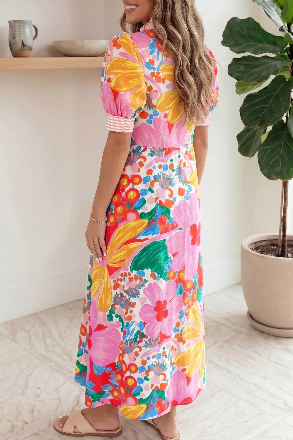 Floral Button-Down Striped-Trim Maxi Dress - product view 1