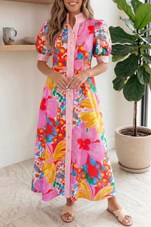 Floral Button-Down Striped-Trim Maxi Dress