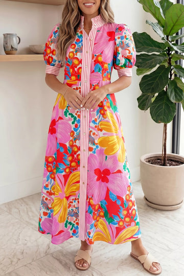 Floral Button-Down Striped-Trim Maxi Dress - product view 1