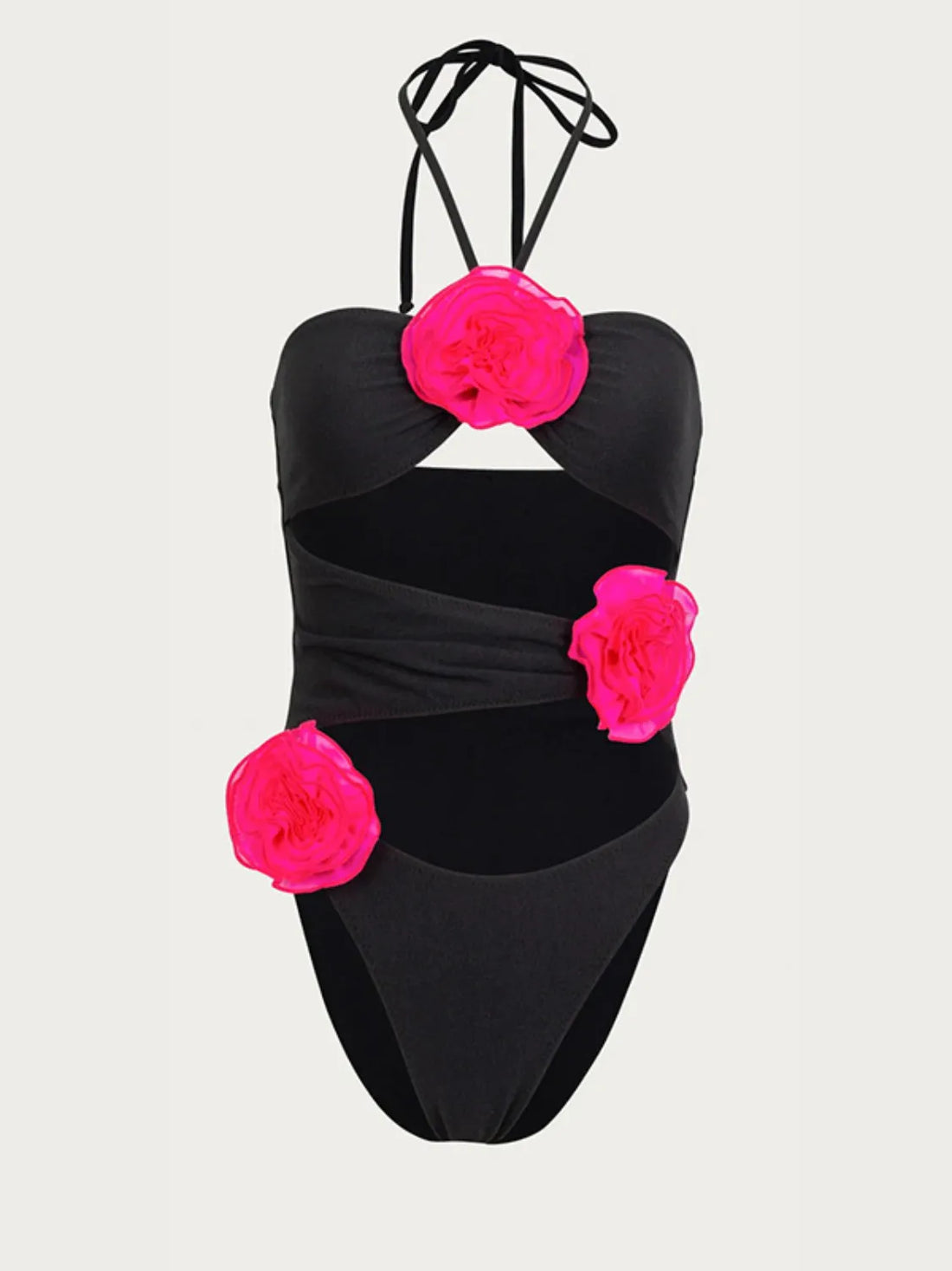 Flower Cutout Halter Neck One-Piece Swimwear Black / S