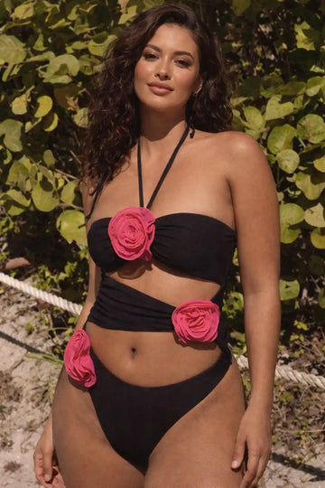 Flower Cutout Halter Neck One-Piece Swimwear Black / S