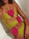 Flower Cutout Halter Neck One-Piece Swimwear Yellow-Green / S