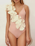 Flower Spaghetti Strap One Piece Swimsuit Pale Blush / S