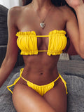 Frill Trim Ruched Bikini Set Yellow / S