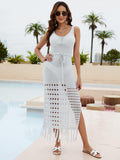 Fringe Hem Drawstring Waist Cover-Up Dress Gray / S