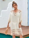 Fringe Crochet V-Neck Cover-Up Dress Apricot / One Size