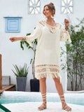 Fringe Crochet V-Neck Cover-Up Dress Apricot / One Size