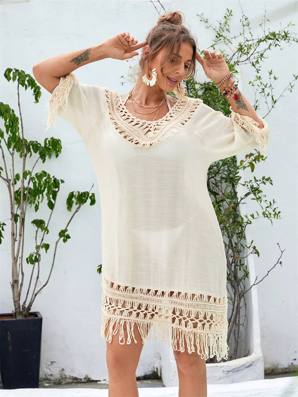 Fringe Crochet V-Neck Cover-Up Dress Apricot / One Size