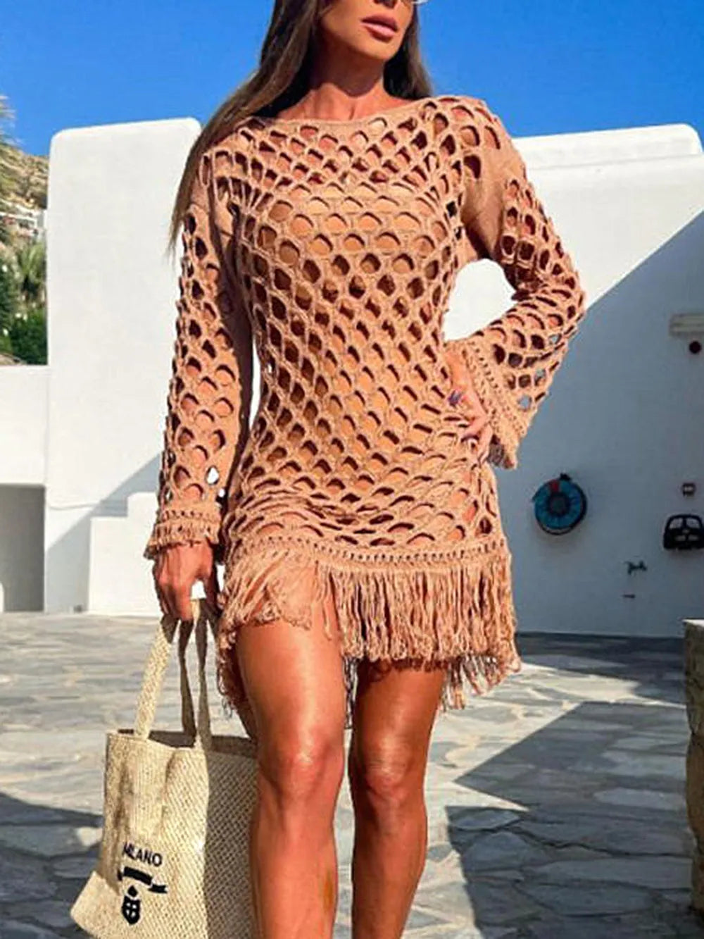 Fringe Cutout Long Sleeve Cover Up Caramel / S