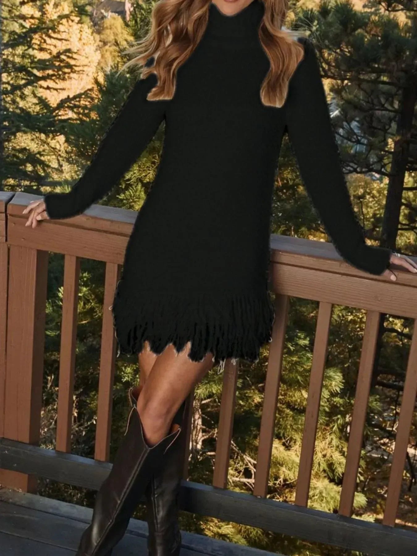 Fringe Turtleneck Sweater Dress