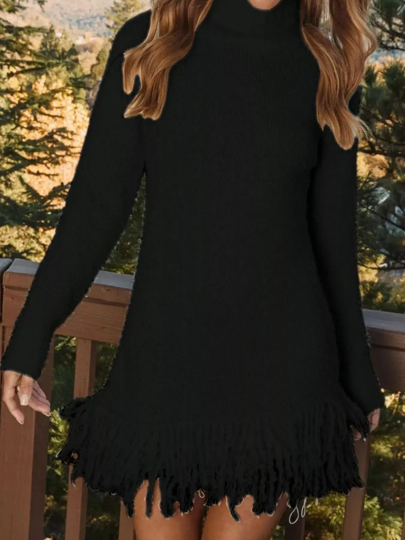 Fringe Turtleneck Sweater Dress Black / S