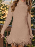 Fringe Turtleneck Sweater Dress Khaki / S